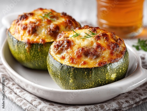 Family meal featuring zapallitos rellenos, round zucchini filled with savory beef and cheese, baked until golden brown