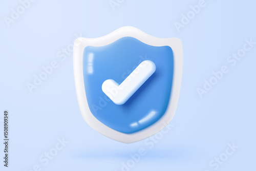 3D shield protection icon with check for online payment on white background concept, user account for 3d security with payment protection on isolated vector render background