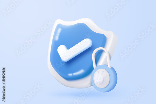 3D shield protection icon with check for online payment on white background concept, user account for 3d security with payment protection on isolated vector render background