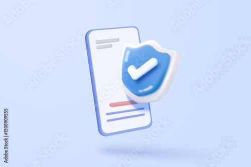 3D mobile phone with shield security icon for online shopping, online payment with protection. Application safety using a smartphone concept. 3d mobile phone safety vector icon render illustration