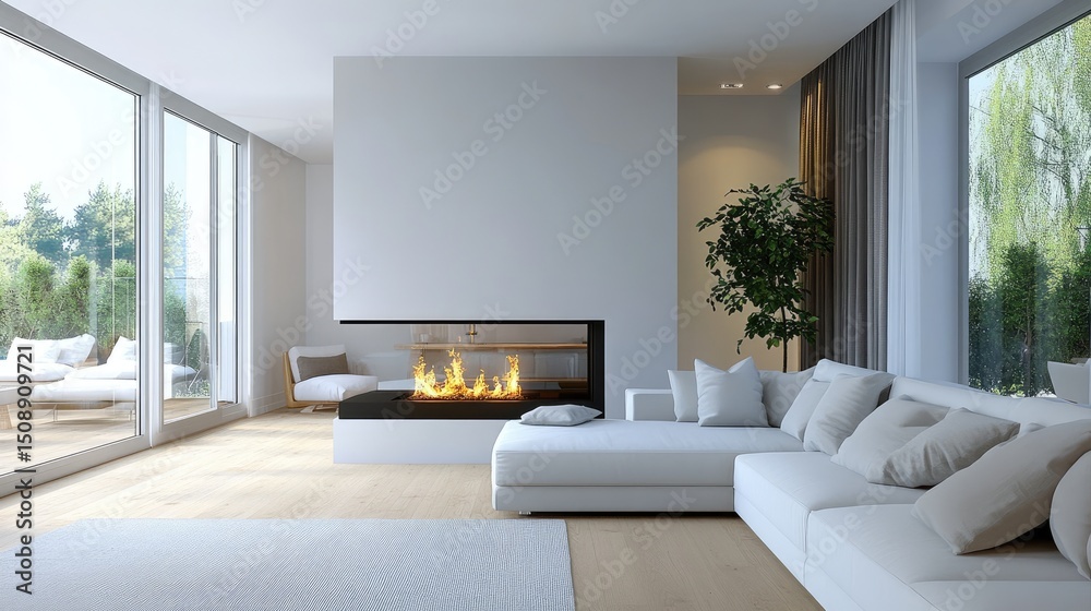 Fototapeta premium Stylish living room with white sofa, modern fireplace, and pillows