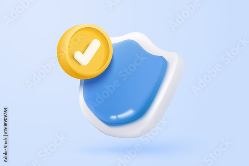 3D shield protection icon with check for online payment on white background concept, user account for 3d security with payment protection on isolated vector render background
