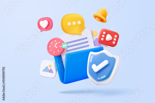 3d folder and paper for management multimedia file, document efficient work on project plan concept. Image and video document minimal folder icon. 3d vector picture render on isolated blue background