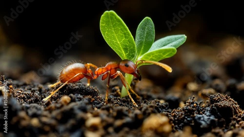A red ant walks across a green plant, its tiny legs moving with purpose and precision.