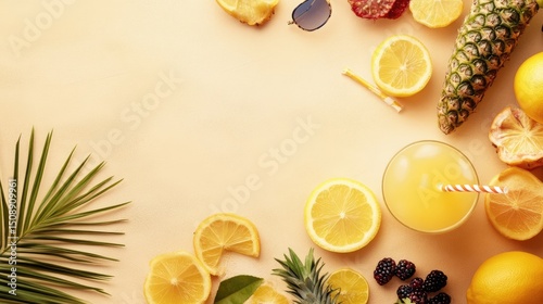 Summer beach theme with fruits, lemonade, sun accessories on tan backdrop. Healthy vacation concept with space for text.