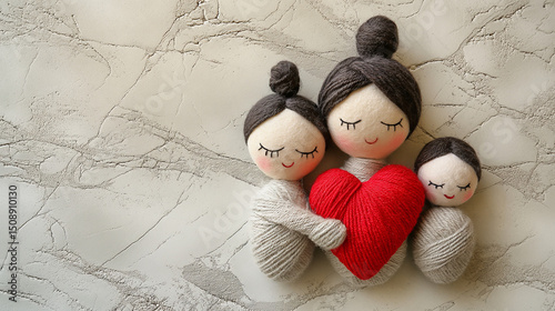 Handmade Family Dolls: A Mother and Two Children Holding a Red Heart