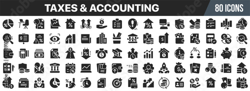 Taxes and accounting black icons collection. Big UI icon set in a flat design. Vector illustration EPS10