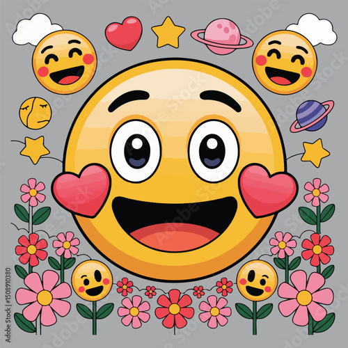 Playful Emoji Art Illustration with Happy Faces and Colorful Cartoon Elements
