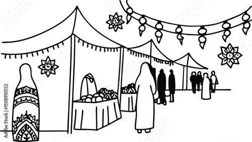 A monochromatic illustration depicting a lively middle eastern market scene with vendors selling goods under festive tents and decorations while customers browse.