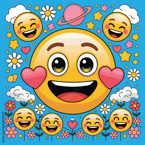 Playful Emoji Art Illustration with Happy Faces and Colorful Cartoon Elements
