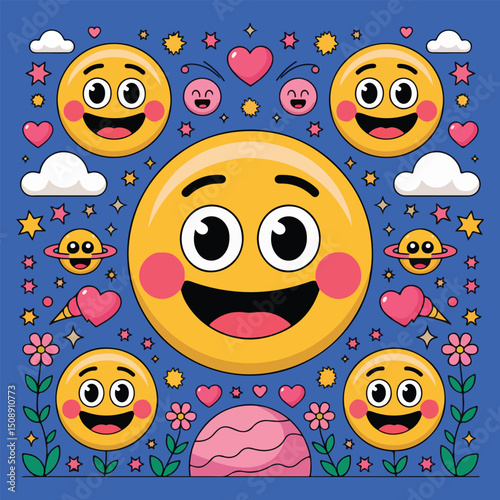 Playful Emoji Art Illustration with Happy Faces and Colorful Cartoon Elements
