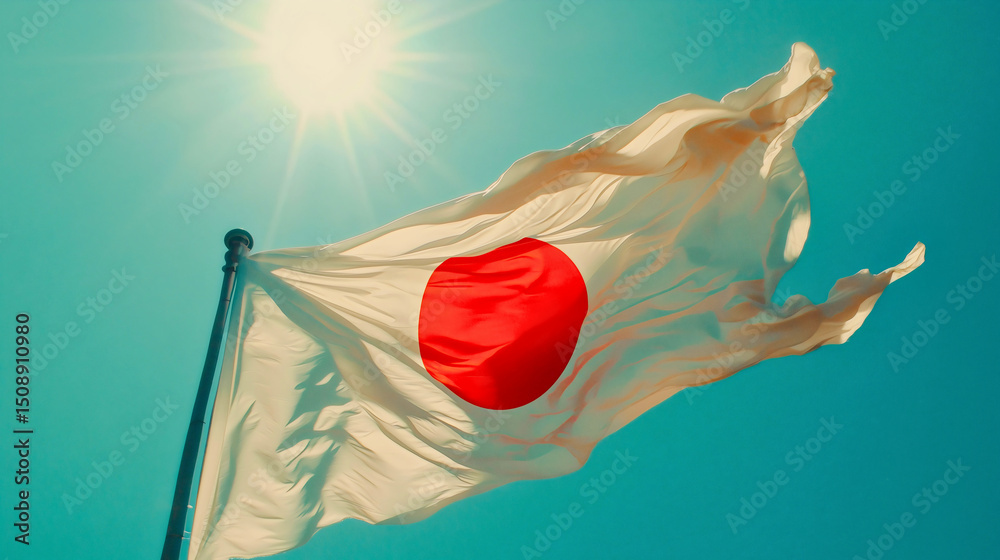 The Japanese flag raised high, waving in the wind on a sunny day.