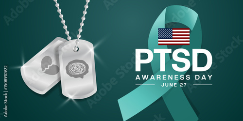 June 27 is National Ptsd Awareness Day. American flag, military tag, brain, heart and ribbon. Great for posters, banners and social media. Green background.