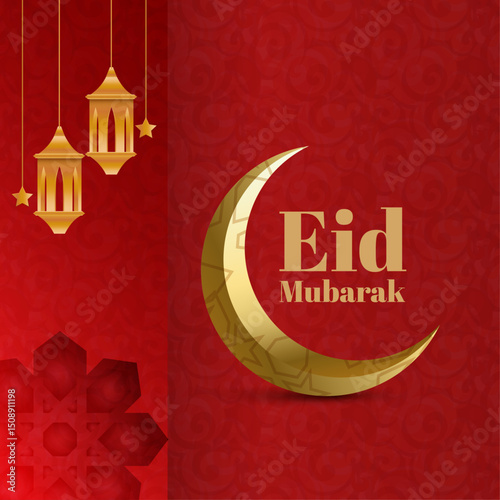 Eid Mubarak Greeting Card with Crescent Moon and Lanterns. Islamic celebration banner.
social media banner, poster, and cultural event designs related to Eid al-Fitr or Eid al-Adha.