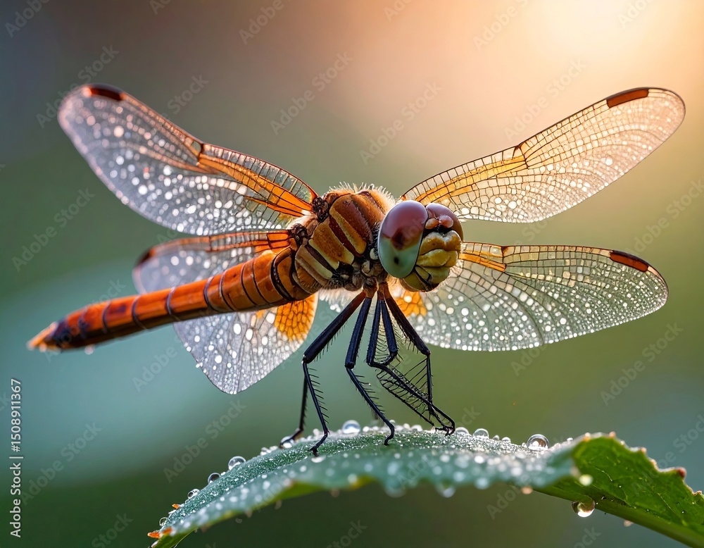 Red Dragonfly with Dew Drops on Leaf Red Dragonfly with Dew Drops on Leaf