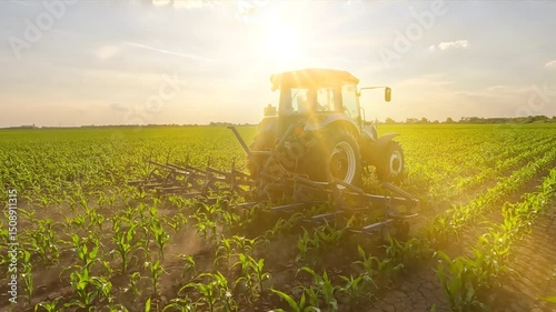 Tractor cultivating in a corn field at sunset, slow motion. Interrow cultivator in corn field for mechanical weed control between the plant rows. Spring day landscape, rural scene