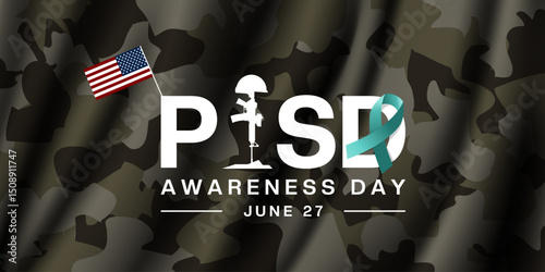 June 27 is National Ptsd Awareness Day. Military fabric and more. Great for posters, banners and social media. Dark background.