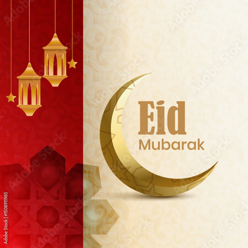 Eid Mubarak Greeting Card with Crescent Moon and Lanterns. Islamic celebration banner.
social media banner, poster, and cultural event designs related to Eid al-Fitr or Eid al-Adha.