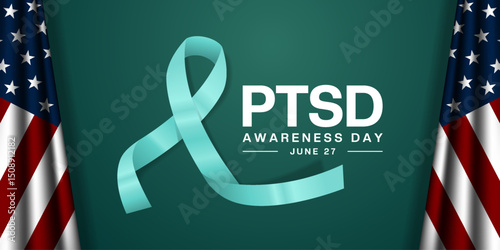 June 27 is National Ptsd Awareness Day. Two American flag and ribbon. Great for posters, banners and social media. Green background.