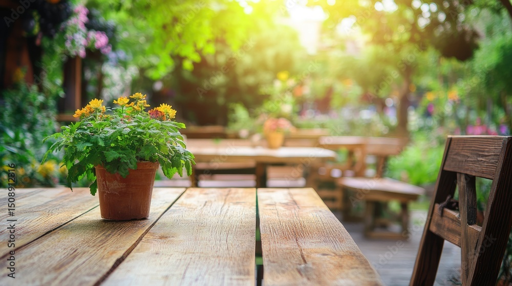 Fototapeta premium Wooden garden ambiance at cafe with space for text, natural feel.
