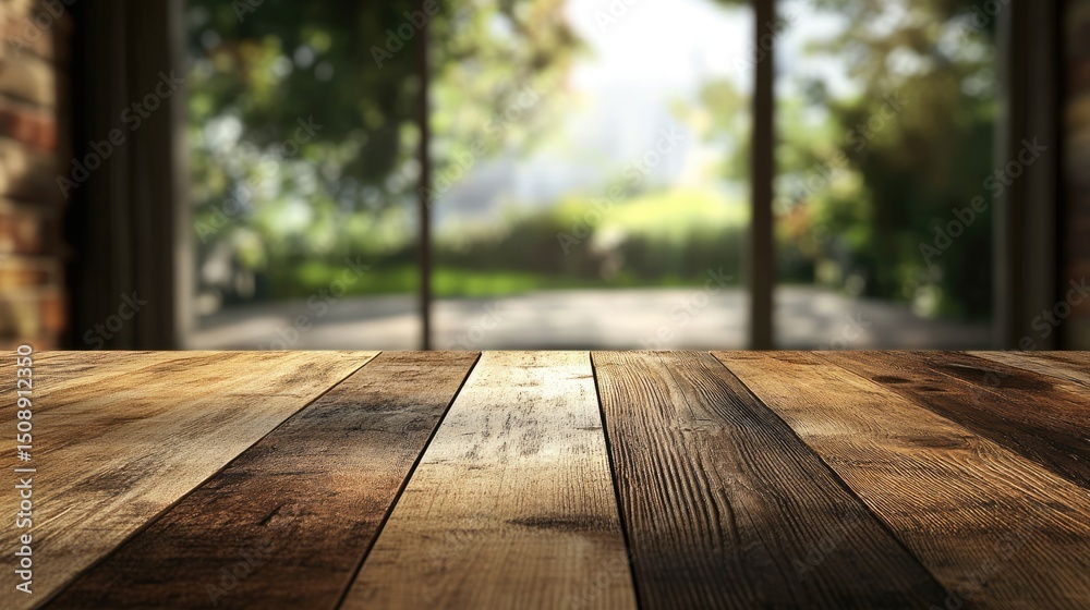 Fototapeta premium Wooden table surface with glass window reflection as backdrop for product display.