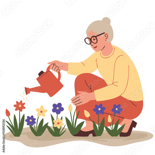 Senior lady tending potted plants and flowers. Gardening moment – older woman nurturing plants. Elderly gardener caring for spring flowers. Elderly set