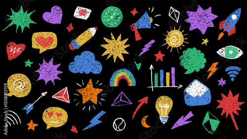 Bright Crayon Doodle Artistic Vector with Various Creative and Fun Elements