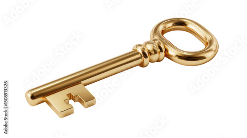 Golden Key Unveiled: A close-up, high-angle perspective of a vintage gold key, symbolising access, security, and opportunity, its ornate details shimmering. photo