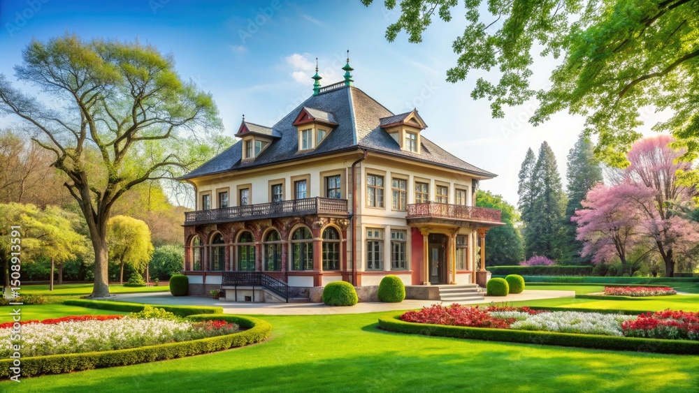 Fototapeta premium Spring Park Architecture: Beautiful Building Photos, Scenic Springtime Views, Blossoming Flowers, Lush Greenery, Architectural Photography