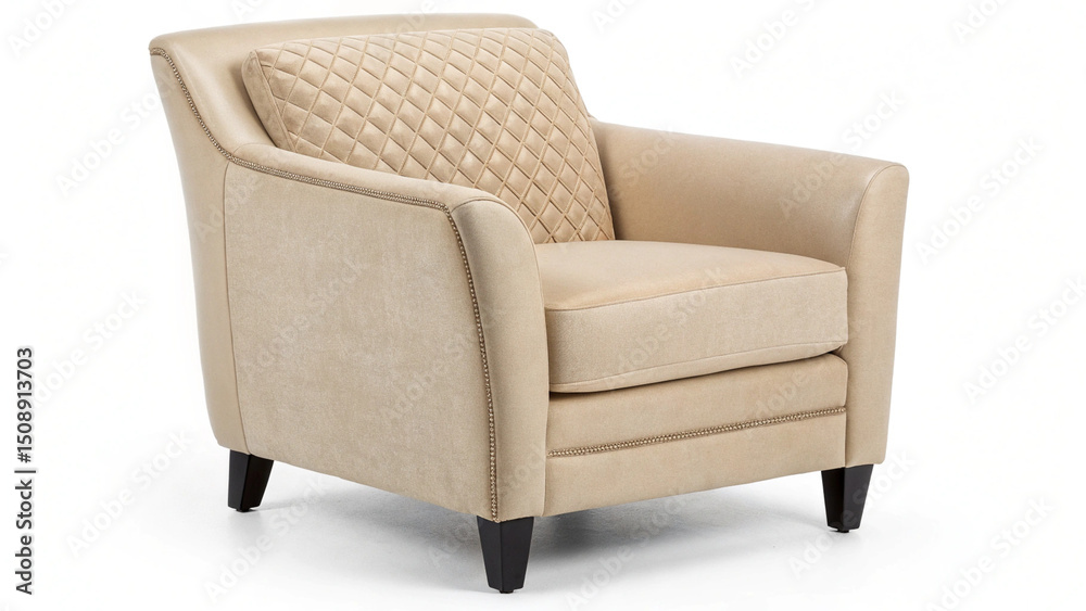 Modern classic armchair in a neutral tone, boasting a quilted pillow and ornamental stud work.