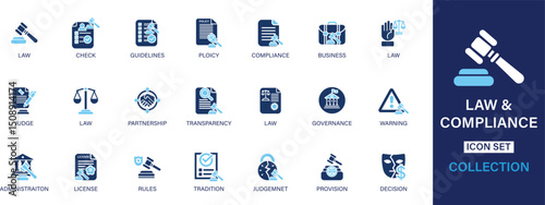 Law and Compliance icon set collection. Check, guidelines, policy, compliance, business, partnership, transparency, governance, warning, administration . And solid icon set collection.