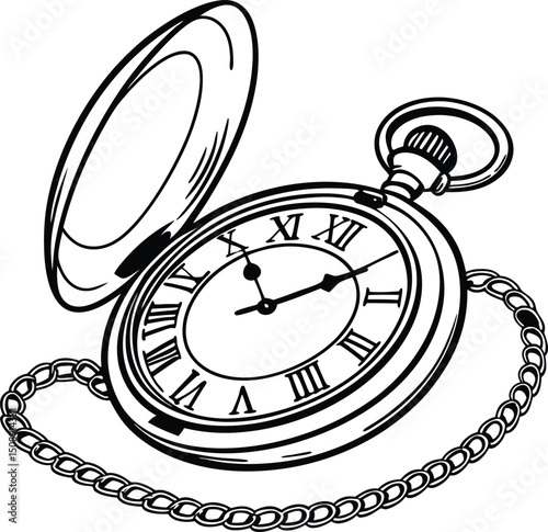 Detailed Antique Pocket Watch Illustration with Chain, Roman Numerals, and Engraved Mechanical Design