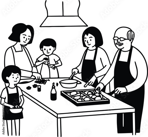 Family preparing food together at home cooking in kitchen activity vector illustration black and white outline design