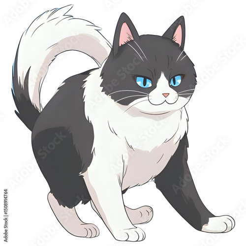 Turkish Angora Cat, Black White Fur, Blue Eyes Staring Forward, Standing Ready to Jump, Captured From Right Side