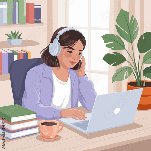 Flat Vector of Young Woman Studying Online at Home – Minimal E-Learning Illustration
