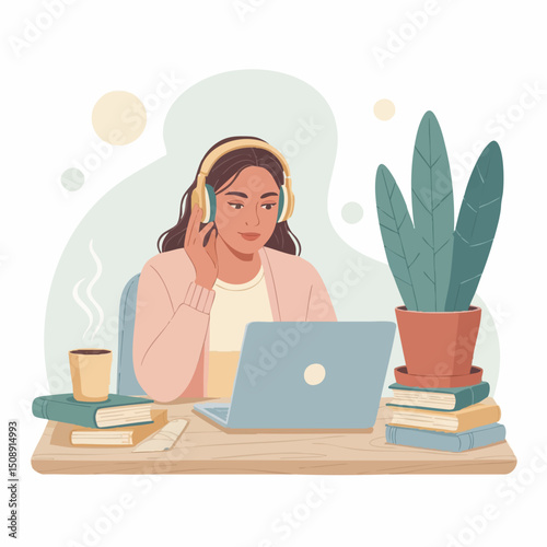 Flat Vector of Young Woman Studying Online at Home – Minimal E-Learning Illustration