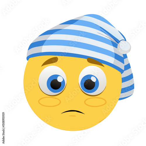 Sleepy Emoji with Blue and White Striped Nightcap - A Tired and Exhausted Cartoon Face Ready for Bed or Napping, Feeling Drowsy.

