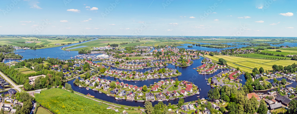 Aerial panorama from the touristic town Terherne at the Sneekermeer in Friesland the Netherlands