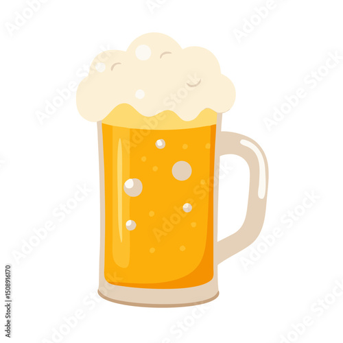 Cartoon Illustration of a Mug of Beer with Foam and Bubbles

