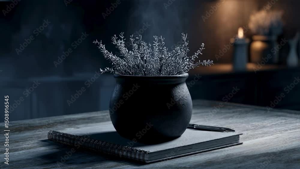 Mystical Herbs in a Cauldron on a Wooden Table with Notebook