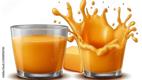 Two glasses containing liquid orange juice with splashes and block