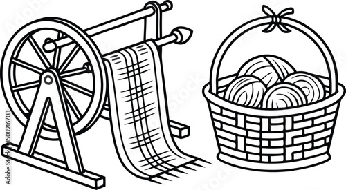 Vintage Spinning Wheel and Hand Woven Basket with Antique Spinning Machine Illustration