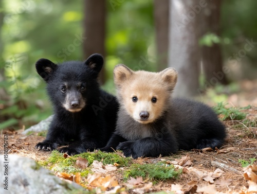 Adorable bear cubs resting in forest