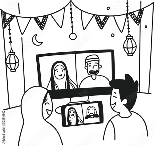 Muslim family celebrating eid remotely with video call decorated with festive elements hand drawn vector illustration