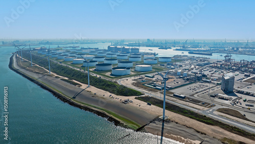 Aerial from industry in the harbor from Rotterdam in the Netherlands