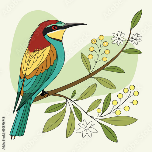 Colorful wild bird, a beautiful green bee-eater on a branch, vector illustration