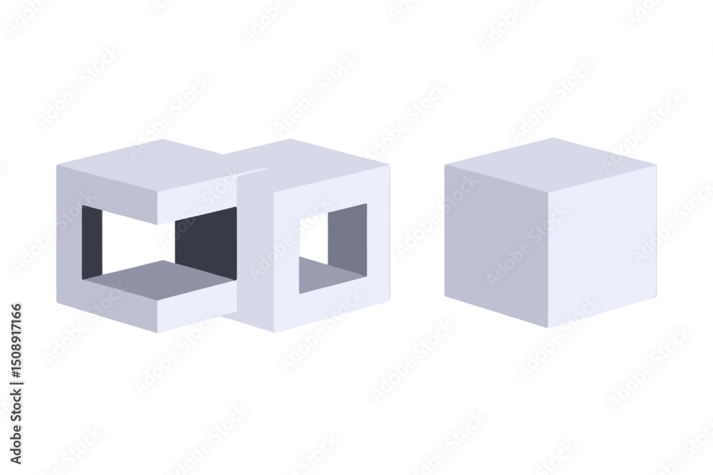 Fototapeta premium 3D Abstract Cubes Illustration-Modern Geometric Shapes-Conceptual Design-White Cubes with Openings-Architectural Visualization-Isometric View-Clean and Minimalist Style