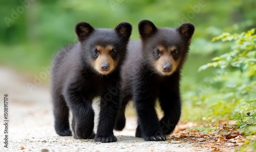 Adorable bear cubs venture through the forest
