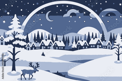 Winter Wonderland Scene-Cozy Cabins in Snowy Landscape-Reindeer and Christmas Trees under Starry Night Sky-Festive Holiday Illustration