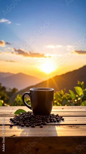 Cangkir Kopi Gelap di Samping Biji Kopi di Atas Meja Kayu Saat Matahari Terbenam, Dark Mug of Coffee Beside coffee beans on Wooden Table at Sunset
